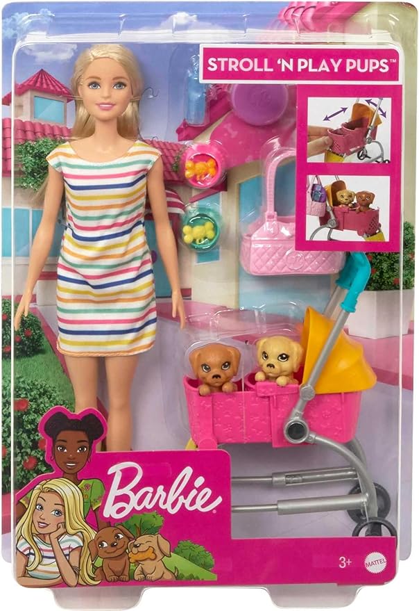 Barbie Dogwalking Doll & Accessories, Stroll & Play Pups Playset with Transforming Stroller, 2 Pets & Handbag, Blonde Doll