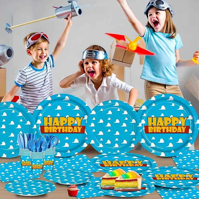 168pcs Cartoon Story Plates Napkins Birthday Party Decorations Disposable Paper Cups Blue Forks Tableware Set Blue Sky White Cloud Party Supplies for Boy kids Birthday Decor Serves 24