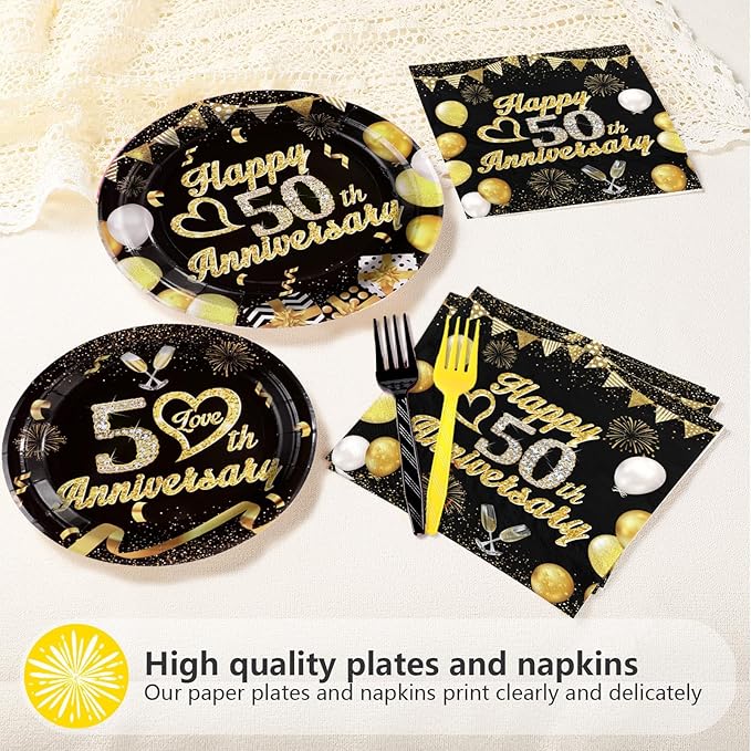 96Pcs 50th Anniversary Decorations Black Gold 50th Wedding Anniversary Plates and Napkins Tableware for 50 Year Anniversaries Decorations Serve 24