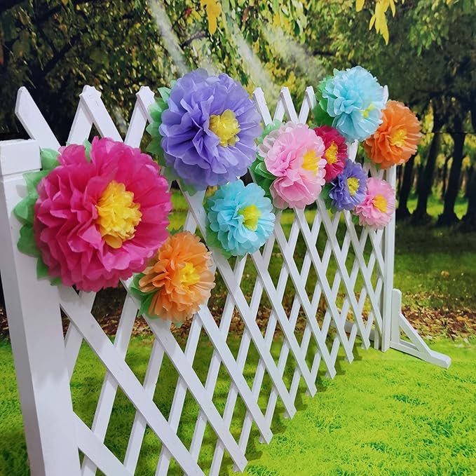 Mybbshower Colorful Fiesta Paper Flowers (9''-7'' Assorted) Set of 10 Outdoor Decoration Kids Birthday Carnival Rainbow Theme Party Backdrop Photo Booth Wall Decor