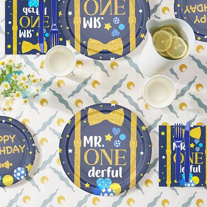 APOWBLS Mr Onederful First Birthday Decorations Tableware Boy, Baby Boy Onederful 1st Birthday Party Supplies, Paper Plate, Cup, Napkin, Tablecloth, Cutlery | Serves 24