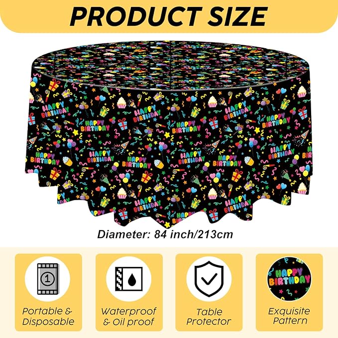 Oudain 3 Pcs Happy Birthday Tablecloth Decorations 84 Inch Plastic Disposable Round Table Covers Waterproof Colorful Balloons Confetti Tablecloth for Women Birthday Party Supplies Baby Shower(Black)