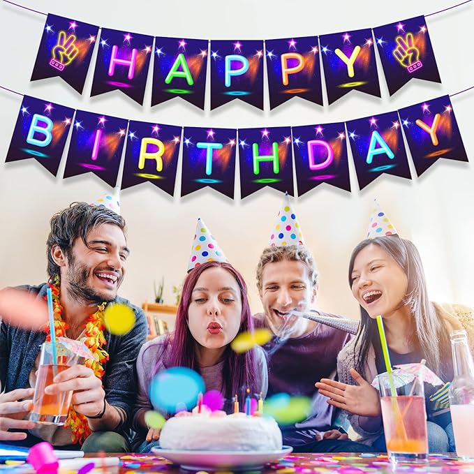 CC HOME Glow Happy Birthday Banner, Glow Party Decoration, Glow in The Dark Letters Theme Party Supplies Boys Girls Kids Home Classroom Baby Showers Birthday Party Decorations Club Bar Hanging Flags