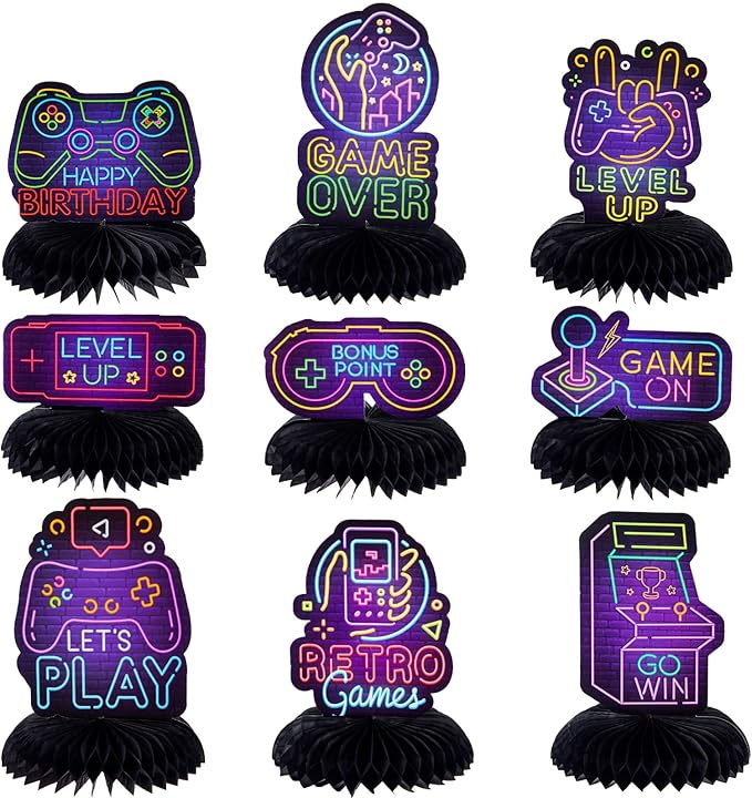 9 Pcs Neon Video Game Party Decorations Supplies Neon Video Game Honeycomb Table Centerpieces Cutouts for Video Game Birthday Baby Shower Theme Party Supplies