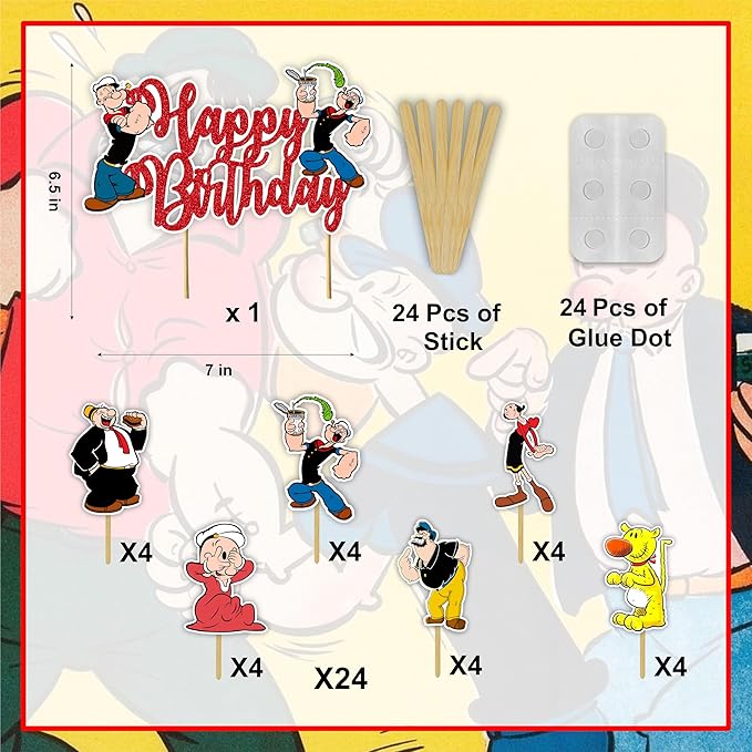 Popye Theme Birthday Party Supplies - Sailor Cartoon Inspired Party Decorations, Nautical Theme Birthday Banner, Cake Topper & Cupcake Decoration Set, Sea Adventure Celebration Decor