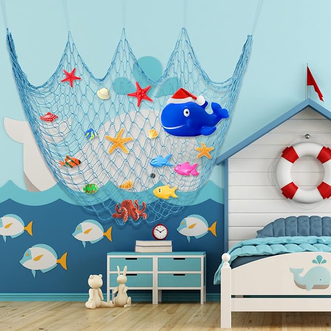 Shappy 2 Pcs Fish Net Decorative 80 x 40 Inch, Wall Hanging Fishnet for Mermaid, Pirate, Nautical, Under the Sea Party Decoration Ocean Themed Hawaii Beach Birthday Halloween Party Supplies(Blue)
