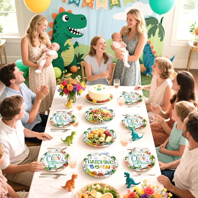 Grencian 96Pcs Dinosaur Baby Shower Decorations Watercolor Dinosaur Plates and Napkins Disposable Hatching Soon Baby Shower Tableware Set for Dino Baby Shower Boy Birthday Party Supplies, Serves 24
