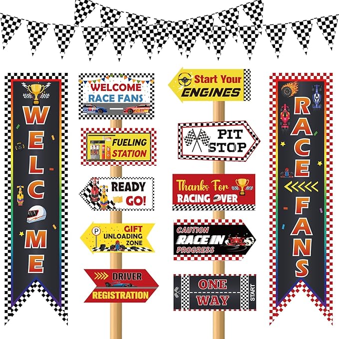 Race Car Birthday Party Decorations Race Car Hanging Banner Triangle Flag Welcome Race Fans Porch Yard Signs Decoration for Let's Go Racing Party Supplies Birthday Backdrop Photo Props Outdoor Decor