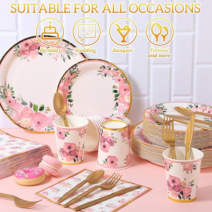 350 Pcs Floral Party Supplies Tableware Set Disposable 9'' 7'' Paper Plates 9 oz Cups Cutlery Napkins Dinnerware for Baby Shower Bridal Wedding 1st Birthday, Serve 50 (Floral, Rose Gold)
