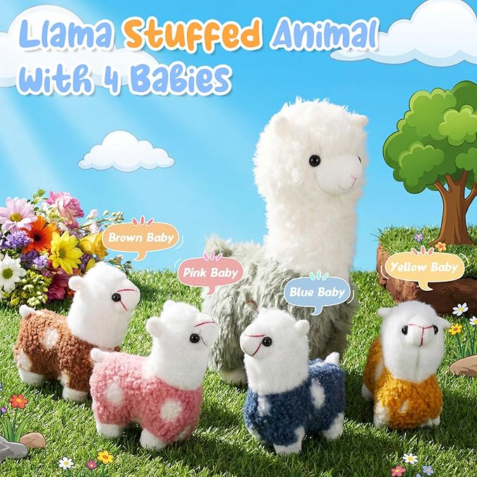 Civaner Llama Stuffed Animal with 4 Baby Llama Plushies Cute Alpaca Plush Set Soft Kawaii Alpaca Pillow for Kids Girls Easter Mother's Day Birthday Party Charity Donation Home Decor(Green)