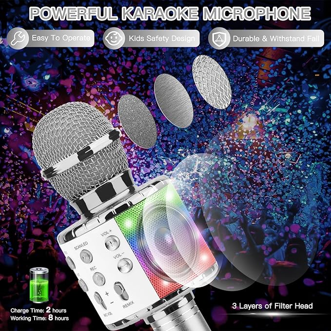 ShinePick Karaoke Microphone, 4 in 1 Wireless Microphone with LED Lights Handheld Portable Karaoke Machine, Home KTV Player, Compatible with Android & iOS Devices (Silver)