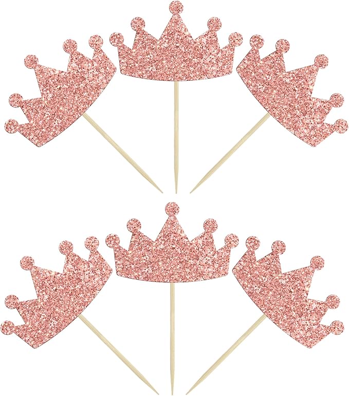 Ephlyn 24Pcs Crown Cupcake Toppers Glitter Queen Crown Cupcake Picks for Queen Princess Theme Baby Shower Girls Wedding Birthday Party Cake Decorations Supplies Rose Gold
