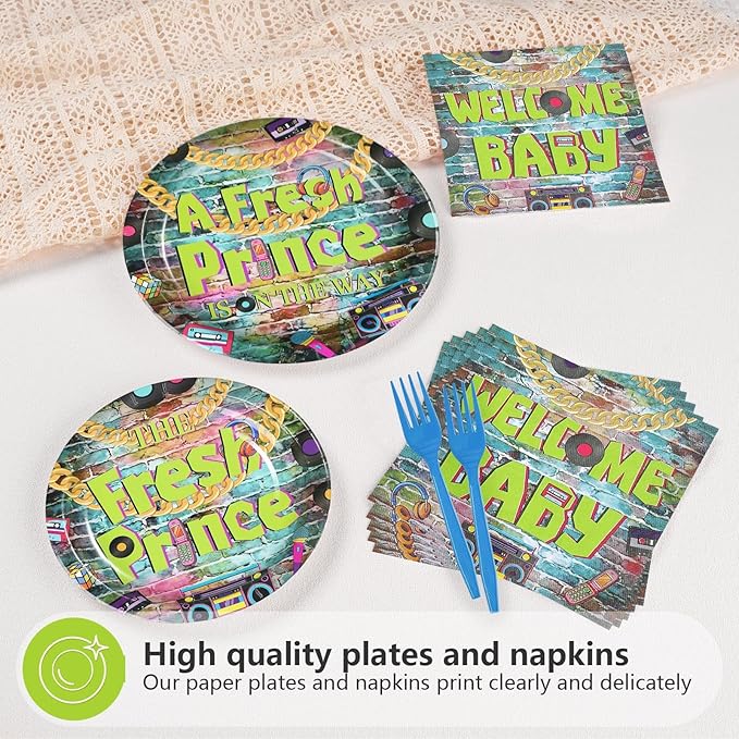 96Pcs Fresh Prince Baby Shower Party Decorations 90s Hip Hop Graffiti Plates and Napkins Disposable Vintage Themed Tableware Set for 90s Fresh Prince Boys Baby Shower Birthday Party Supplies Serves 24