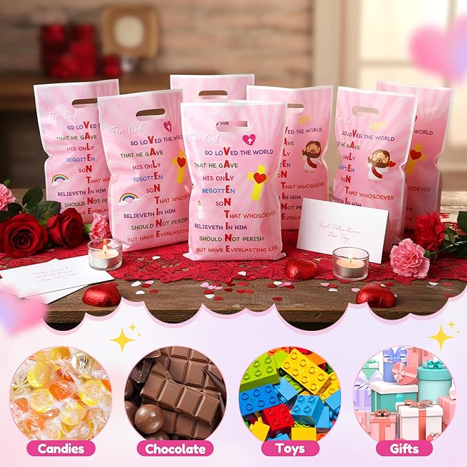 Valentine's Day Party Favor Bag - 50Pcs Valentine's Day John 3:16 Goody Candy Treat Gift Bag Religious Christian Cross Valentine Decor for Kid Adult Church VBS Sunday School Classroom Exchange Wedding