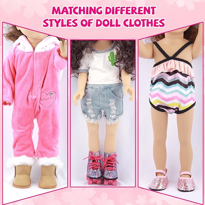 18 inch Doll Accessories, 5 Pairs of Doll Shoes+2 Socks 18” Doll Shoes Includes Snow Boots/Roller Skates/Sandals/Flip-Flops/Dance Shoes/Pink/Black Socks for American Doll Boy or Girl Dolls