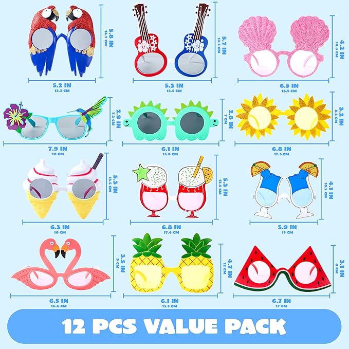 JOYIN 12 Pcs Hawaiian Luau Party Sunglasses, Summer Pool Party Decorations, Tropical Glasses for Girls Hawaiian Outfit, Cool Party Favors & Theme Supplies