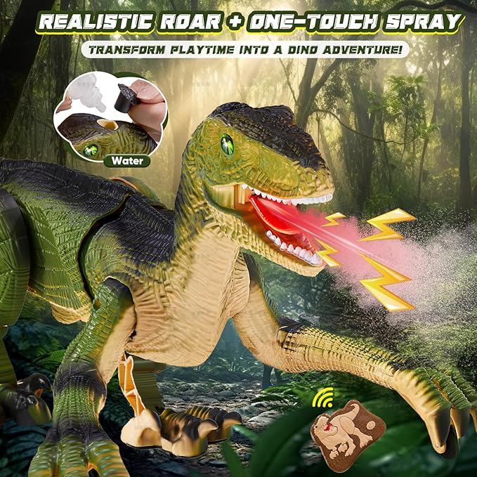Remote Control Dinosaur Toys for Kids, Dinosaur Toys for Boys Big Walking Velociraptor Dino with Light Sound and Spray Stream Birthday