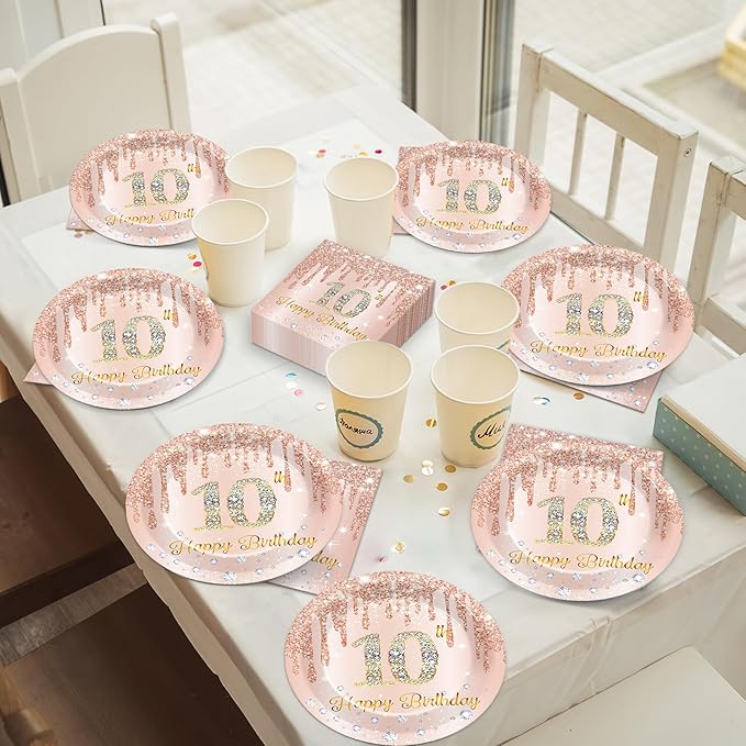 50Pcs Rose Gold 10th Birthday Party Paper Plates and Napkins Girls 7 Inch Rose Gold 10 years Old Table Decorations Happy Ten Years Old Tableware Set Serves 25 Guest Pink 10th Birthday Party Supplies