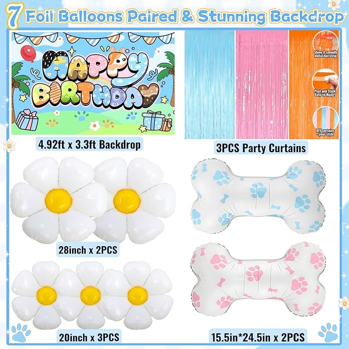 Blue Dog Birthday Party Decorations for Girls & Boys - Cartoon Theme Balloon Arch Kit with Backdrop, Fringe Curtains & Bone Foil Balloons - Easy Setup Party Supplies for 1st 2nd 3rd Bday