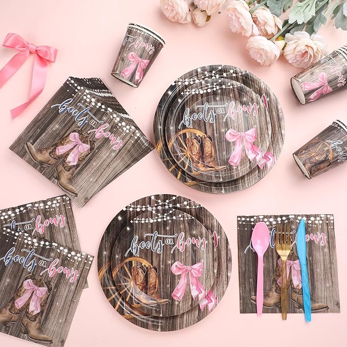 168 Pcs Boots Bows Gender Reveal Birthday Party Supplies Boy or Girl Birthday Party Decorations, Cowboy Boots Pink Bows for Baby Shower Decorations