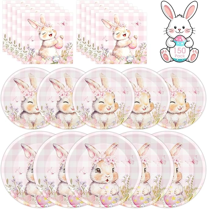 150 Pcs Easter Paper Plates and Napkins Sets Party Supplies - Disposable Cute Pink Plaid Easter Bunny Eggs Dinner Plate Napkin Paper Tableware for Spring Easter Table Decorations Party Supply,Serve 50