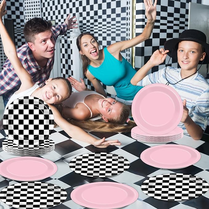 48Pcs Pink Checkered Birthday Paper Plates for Racing Car Theme Party Supplies 7" Hot Pink Race Car Disposable Black White Checkered Plates for Kids Girls Birthday Baby Shower Party Decorations