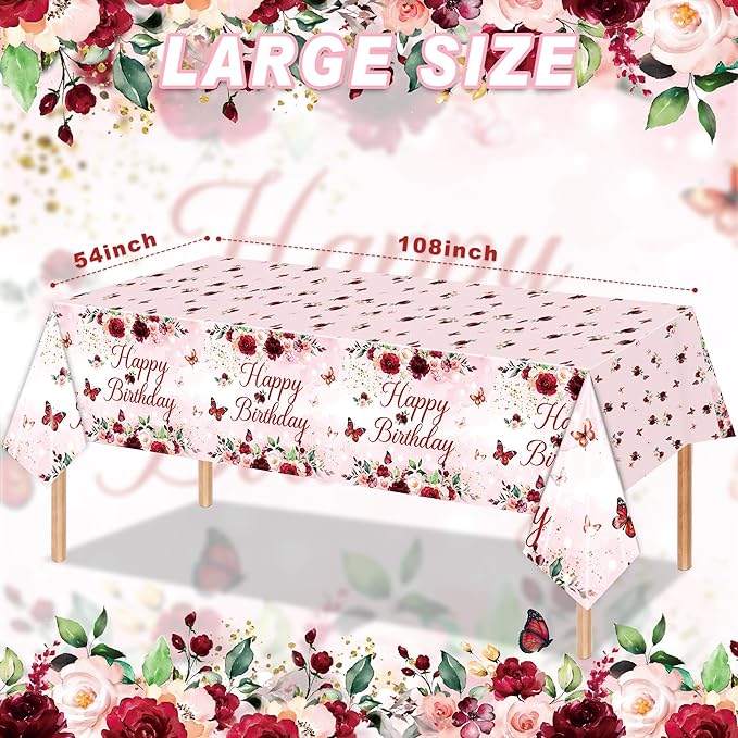 3PCS Happy Birthday Party Tablecloths for Woman Lady Girls Birthday Pink Watercolor Floral Themed Burgundy Flower Table Cover Party Decorations Disposable Plastic Table Cloth