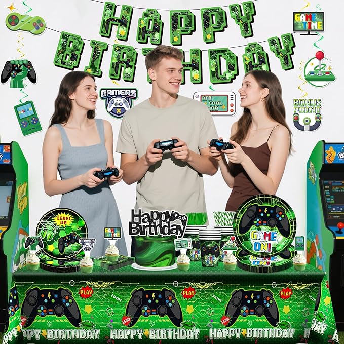 174 Pcs Video Game Birthday Decorations Tableware Set with Plates and Napkins, Serves 25, 2 Tablecloths, Banner, Cake Toppers, for Boys Gamer Birthday Party Decorations, Green