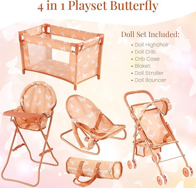 4-in-1 Baby Doll Stroller Set with Butterfly Design – Includes Toy Stroller, Crib, Bouncer & High Chair – Doll Accessories & Baby Doll Furniture Set for Toddlers 3-4 Years – Fits Dolls up to 18 Inches