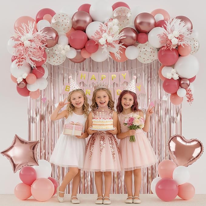 Dusty Pink Birthday Decorations for Women, Happy Birthday Party Decorations, Happy Birthday Banner, Retro Blush Pink White Rose Gold Balloons, Paper Pompoms, Heart Garland, Party Decor for Girls