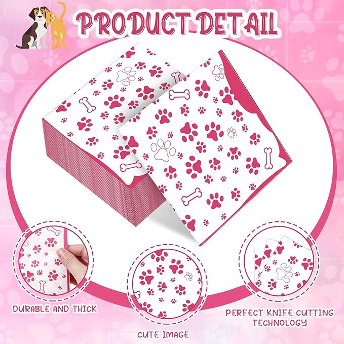 CHENGU 100 Pieces Paw Print Napkins 2 Layers Paw Print Party Supplies Farm Animal Party Napkins for Animal Themed Birthday Western Part, 5 x 5 Inch(Pink)
