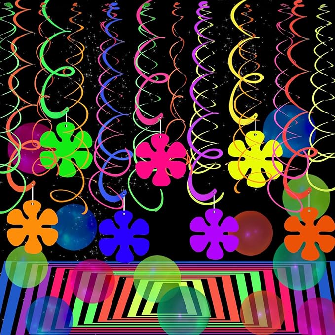 56 Pcs Windmill Flower Ceiling Swirl Decorations Glow in The Dark Party Supplies Flower Neon Hanging Streamers Neon Garlands UV Black Light Neon Party Decorations for Dark Birthday Neon Party Favors