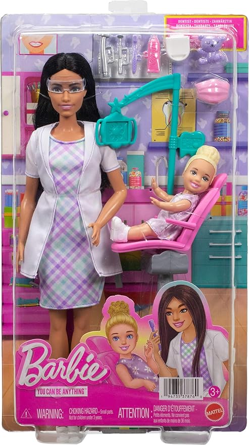 Barbie Careers Dentist Playset with Brunette Doll Wearing White Coat, Toddler Small Doll, Examination Chair & Accessories