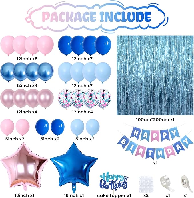 Pink and Blue Birthday Decorations, Royal Light Blue Pink Metallic Purple Confetti Latex Foil Balloons Happy Birthday Banner Fringe Curtain for Boys Girls Wedding Baby Shower Party Decoration Supplies