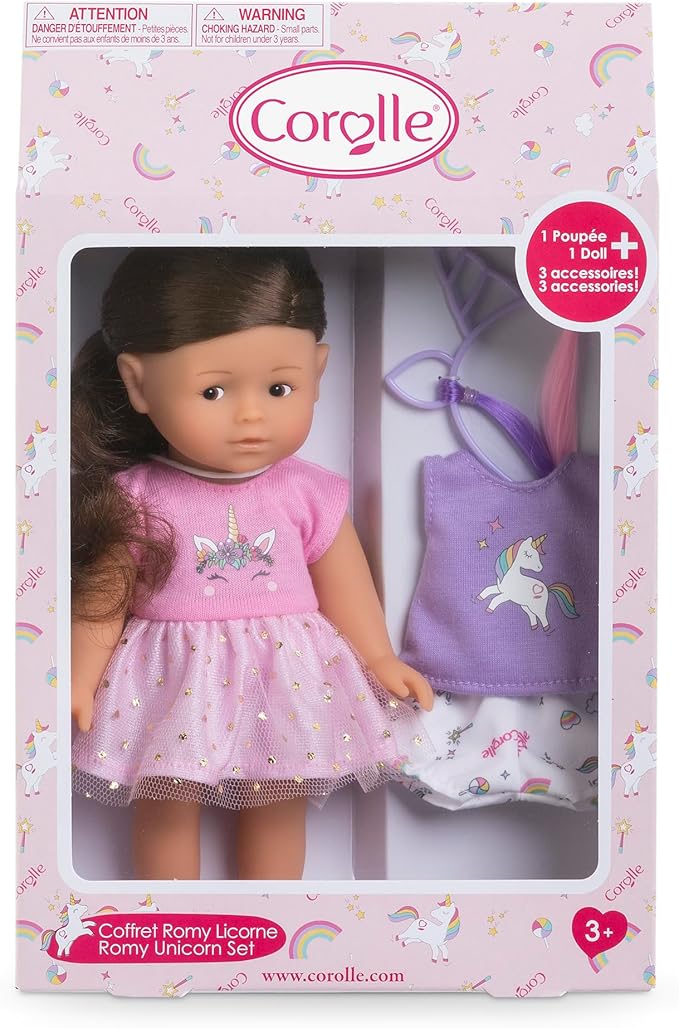 Corolle Mini Corolline Romy Unicorn Gift Set Includes 8" Doll and 3 Accessories - Shirt, Shorts and Headband with Hair Extensions, for Ages 3 Years and up