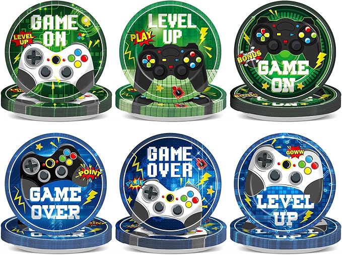 60PCS Video Game Birthday Party Plates Blue Green Gamer Disposable Paper Dessert Plates for Video Gaming Birthday Decorations Gaming Party Tableware Set for Boys Kids Game on Theme Parties Supplies