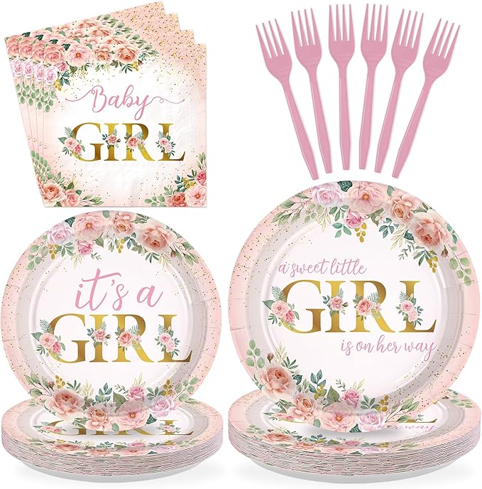 96 Pcs Baby in Bloom Baby Shower Decorations Disposable Its a Girl Paper Plates and Napkins Spring Pink Floral Tableware Set for Girls Baby Birthday Party Gender Reveal Supplies Serve 24