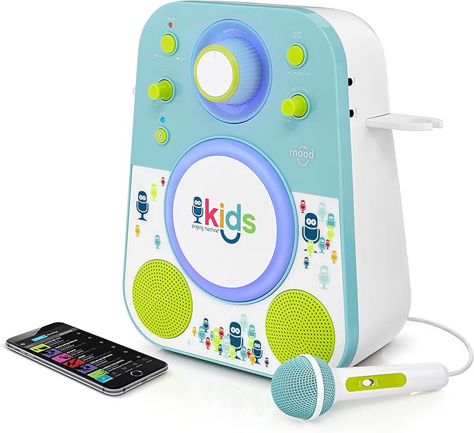 Singing Machine Kids SMK250BG Mood LED Glowing Bluetooth Sing-Along Speaker with Wired Youth Microphone Doubles as a Night Light, Blue/Green