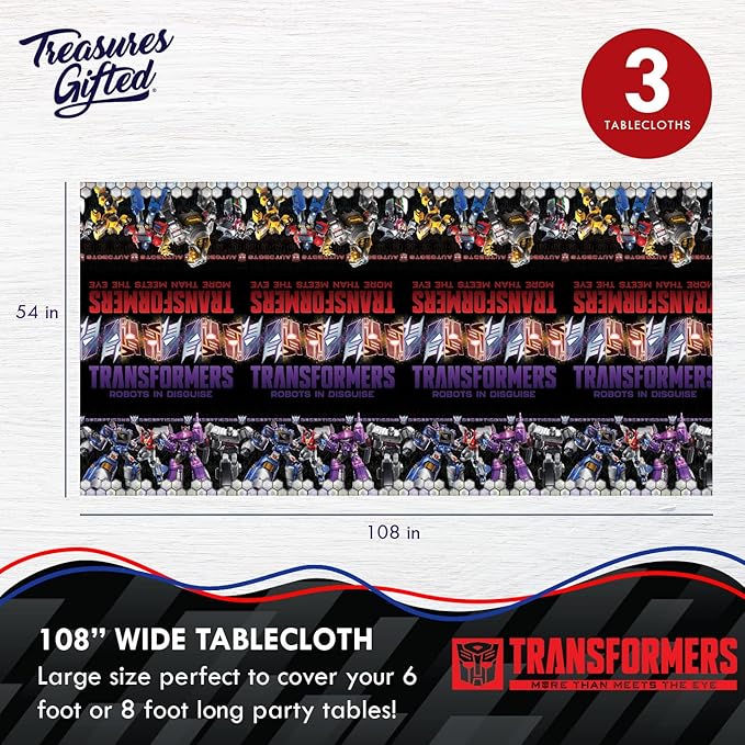 Treasures Gifted Officially Licensed Transformers Birthday Party Supplies - Pack of 3 Tablecloth for Birthday 54 x 108 Inches - Transformers Party Supplies - Disposable Plastic Table Cloth Cover