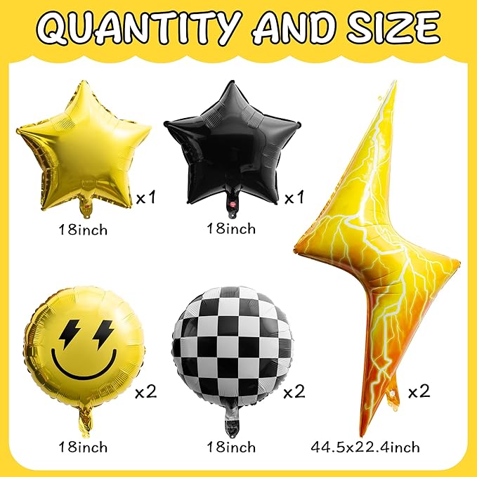 8PCS 18 Inch Smile Party Checkered Helium Balloons, Yellow Smile Face Prppy Theme Birthday Party Decorations, Yellow Lightning Balloons for Wedding Decor Event Supplies