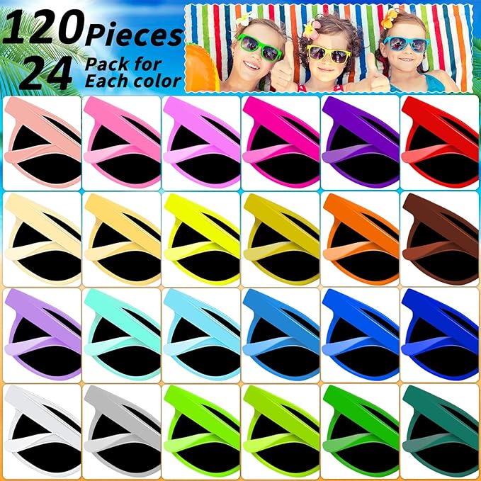 120 Pack Kids Neon Sunglasses Party Favors Bulk, 24 Colors Neon Party Sunglasses Colorful Novelty Sunglasses Cool Sun Glasses for Classroom Prize, Goody Bag Filler, Birthday Party Age 3-8