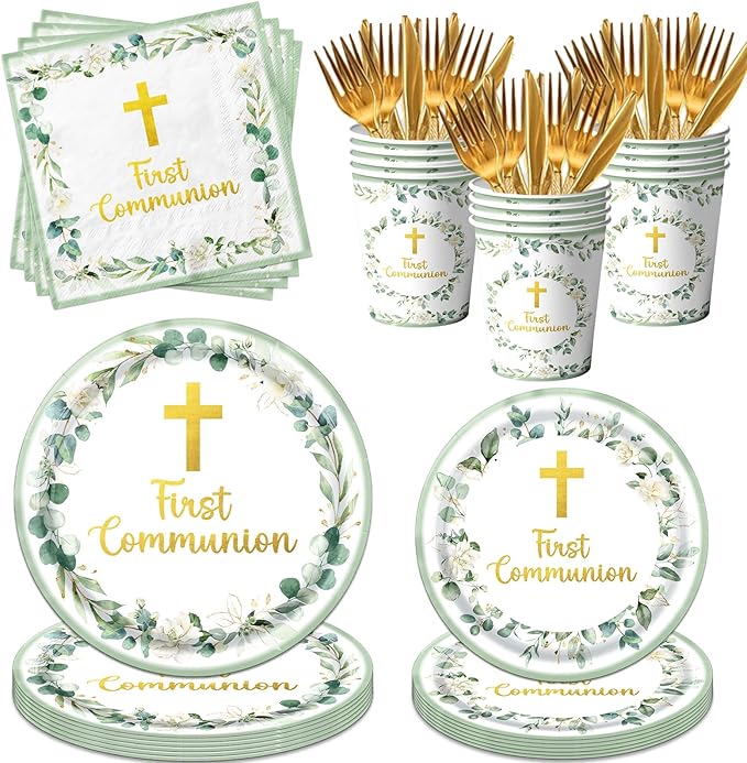 First Communion Decorations, First Communion Plates and Napkins Green Primera Comunion Decoracion First Communion Party Supplies for First Holy Communion Baptism Party Decorations Serves 25