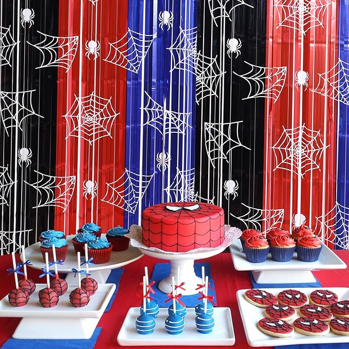 Spider Web Party Decor Kit with 15 Balloons - 2 Pack 3.3x6.6ft Gothic Tinsel Fringe Curtains Backdrop, Cobweb Photo Booth Props, Halloween Birthday Party Decorations in Red, Blue & Black