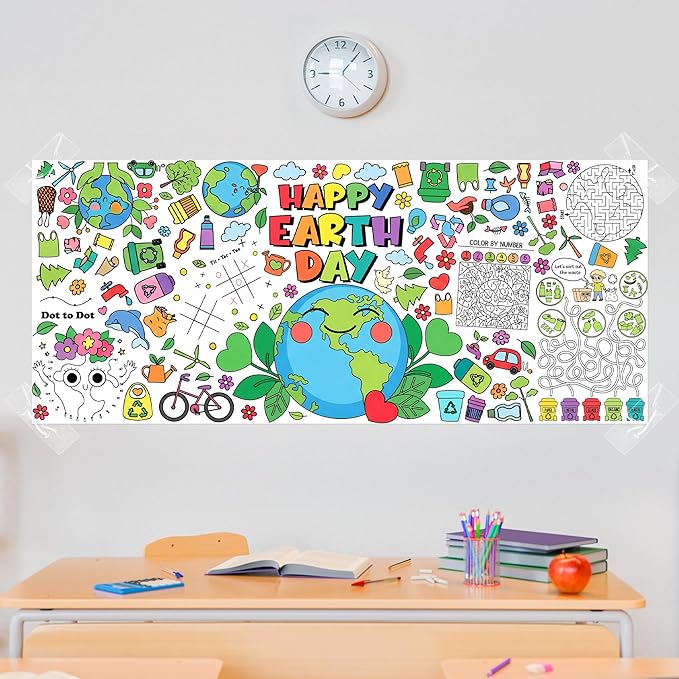 Dvbonike 2Pcs Jumbo Happy Earth Day Coloring Activity Poster - Planet Mini Fun Games DIY Drawing Color-in Paper 55.1 x 23.6 Inch Blank Doodle Art Banner, Home School Educational Event Party Supplies