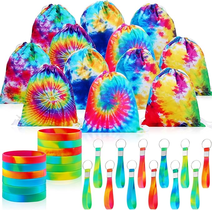 CHENGU 36 Pcs Tie Dye Party Favors Camouflage Drawstring Bag Bulk Camouflage Military Rubber Keychain Silicone Bracelet for Goodie Bag Stuffers Fillers Summer Camping Birthday Party Supplies(Tie Dye)