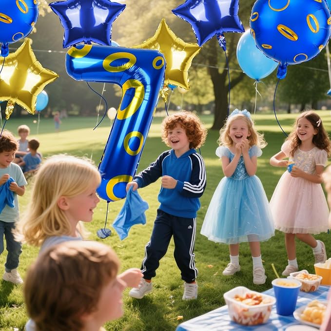 40 Inch Blue and Golden Ring Themed Number Balloon, Number Block Foil Number 7 Balloons Large Big Numbers Helium Balloon for Girls Boys 7th Birthday Theme Party Decorations (Number 7)