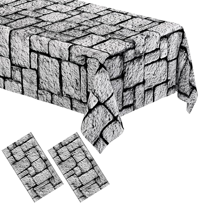 WNINK 2 Pack Stone Wall Tablecloths, Medieval Brick Stone Plastic Table Cover Decoration for Halloween Birthday Party Supplies Medieval Castle Knight Themed