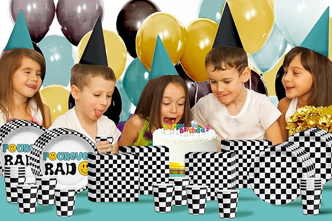 Fourever Rad Smiley Face 4th Birthday Party Supplies - 64 Piece Boys Fourth Birthday Tableware Set Includes Large 9" Dinner Plates and 8" Dessert Paper Plates Napkins Cups - Kit for 16