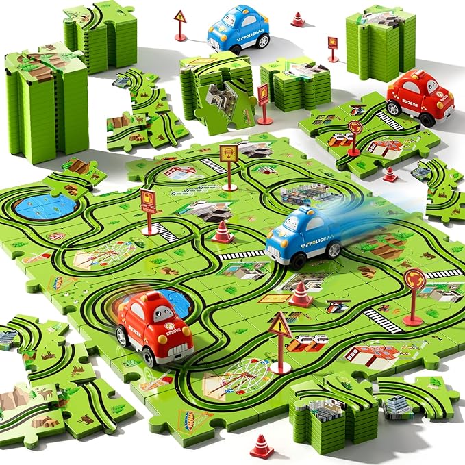 48PCS Puzzle Race Track Car Set for Toddlers Kids Boys, Toddler Toys Birthday Gifts for 3 4 5 6 Years Old Boys and Girls, Floor Puzzle Tracks Car Toys for Ages 3-5 4-6