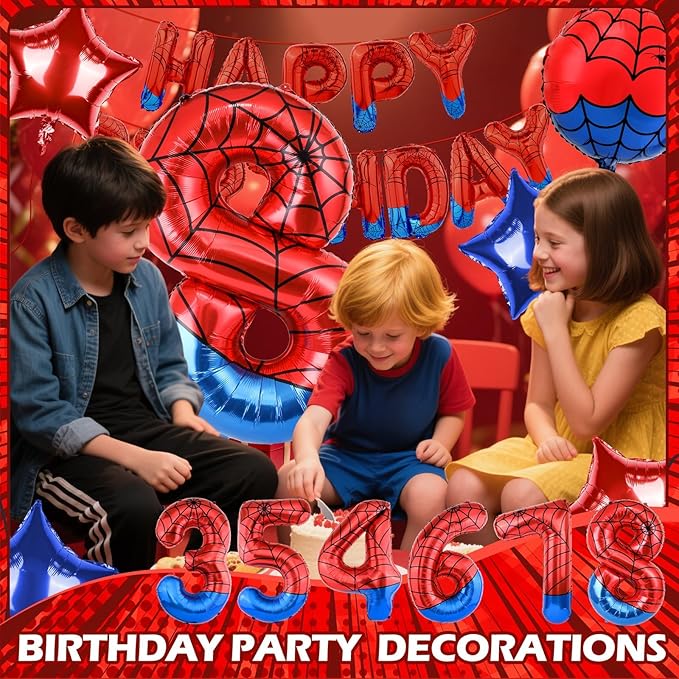Spider Themed Happy Birthday Banner Party Decorations Set Including 40 Inch Number 8 Foil Balloons, Themed Party Essentials, Colorful Superhero Backdrop Supplies for Boys Indoor Outdoor Celebration